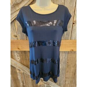 NWT new Kische made in turkey sz S navy blue sequin flashy Glam top short sleeve